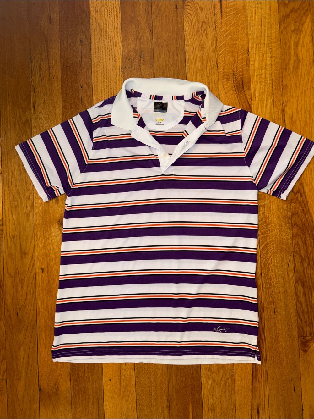 Greg Norman Collection Striped Polo in White, Purple & Orange